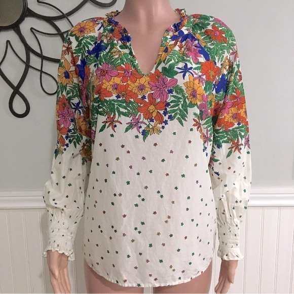 Talbots NWOT Blissful Floral Smocked Cuff Blouse Long Sleeve Ivory size Medium - Picture 1 of 11